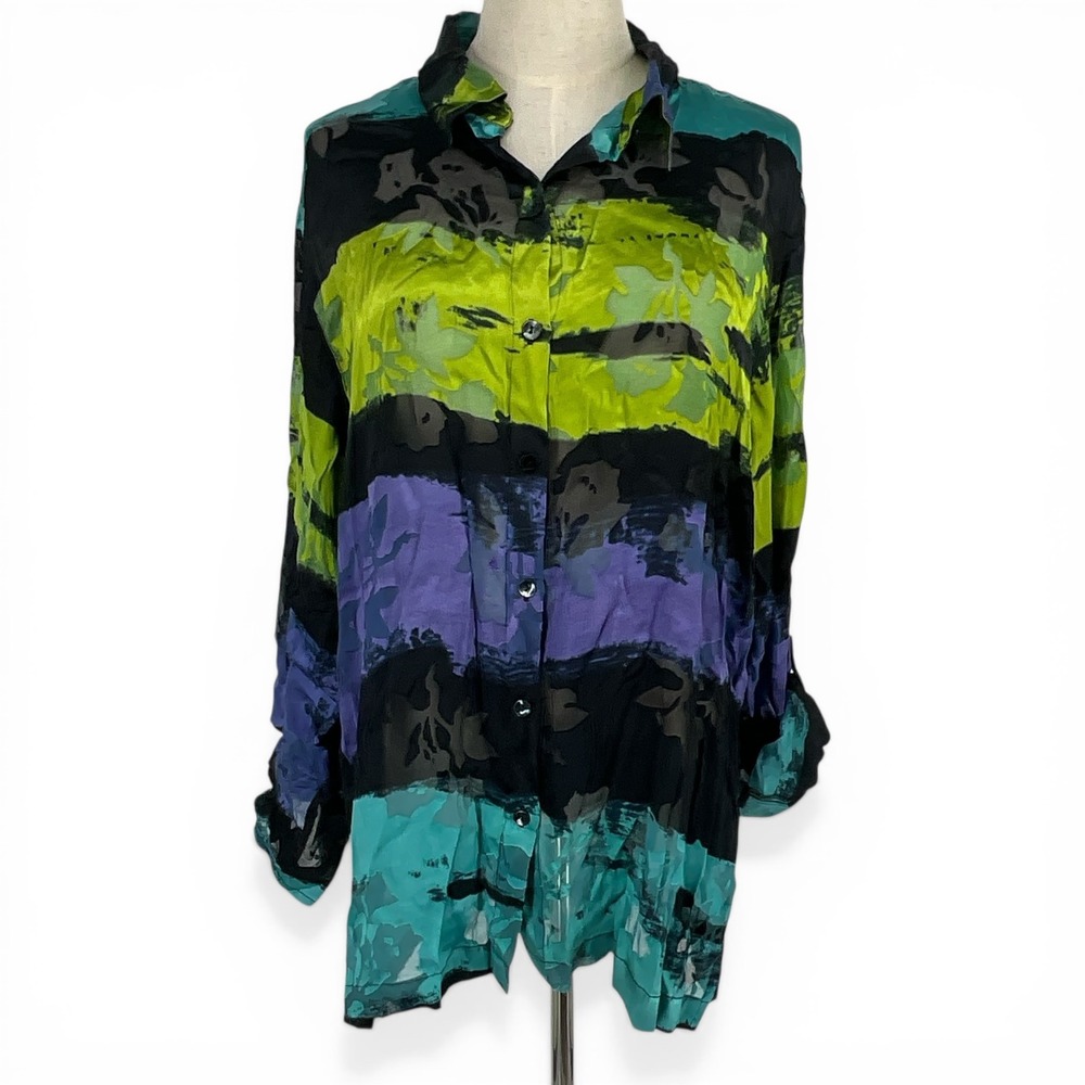 Chicos Design Silk Blend Burnout Floral Stripe Blouse Green Purple Sz 2 Lg US 12